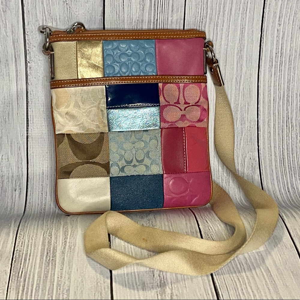 Coach Patchwork Crossbody Bag/ with Brown Leather trim, Navy fabric interior